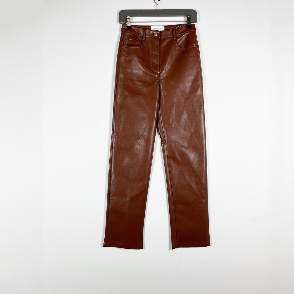 Wilfred Aritzia The Melina Faux Vegan Leather Straight Leg Trouser Pants Brown 2